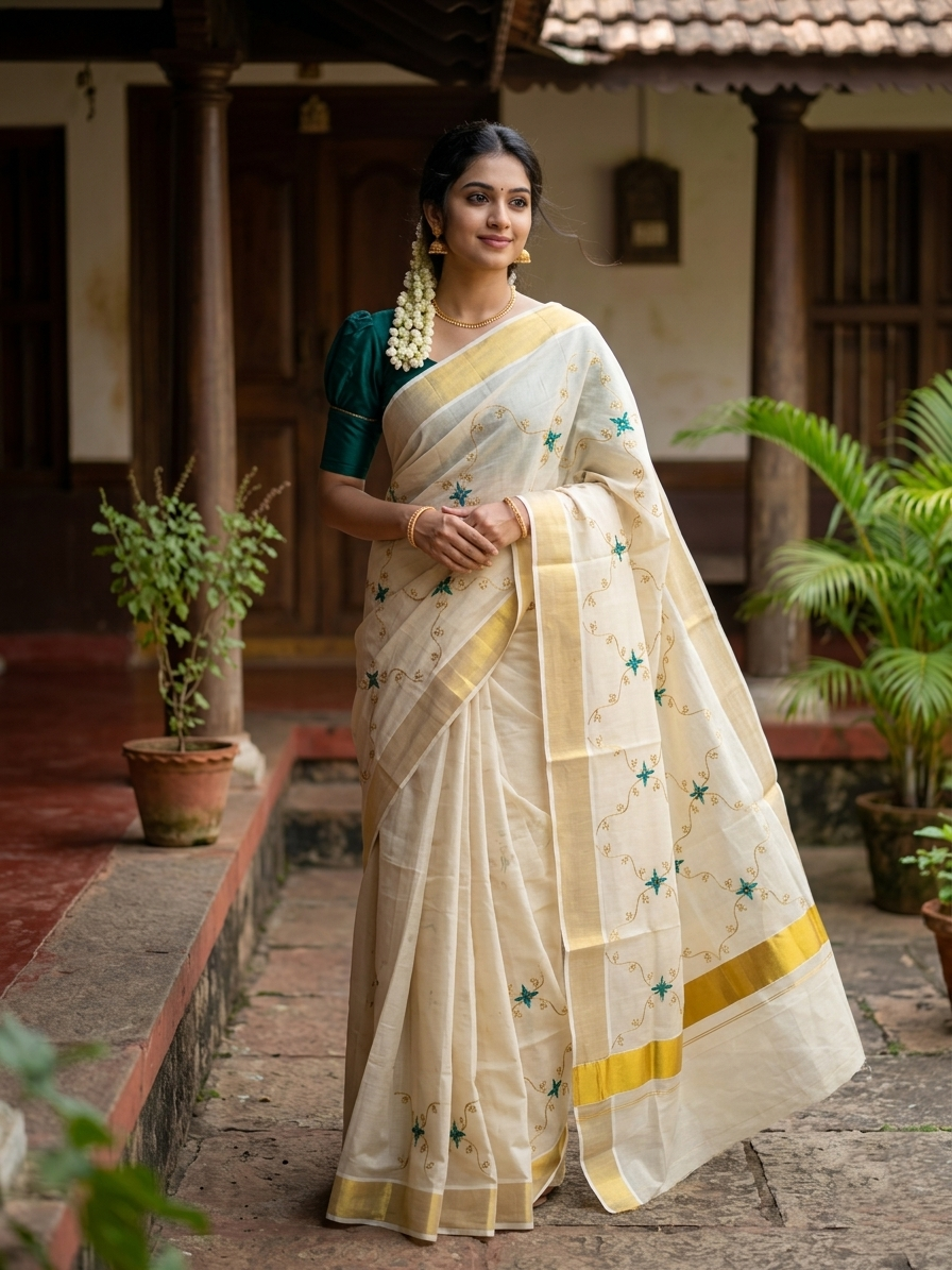 Southloom Tissue Kerala Kasavu Plain Saree with  Embroidery Designs on Body