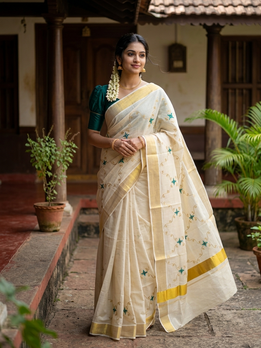Southloom Tissue Kerala Kasavu Plain Saree with Embroidery Designs on Body