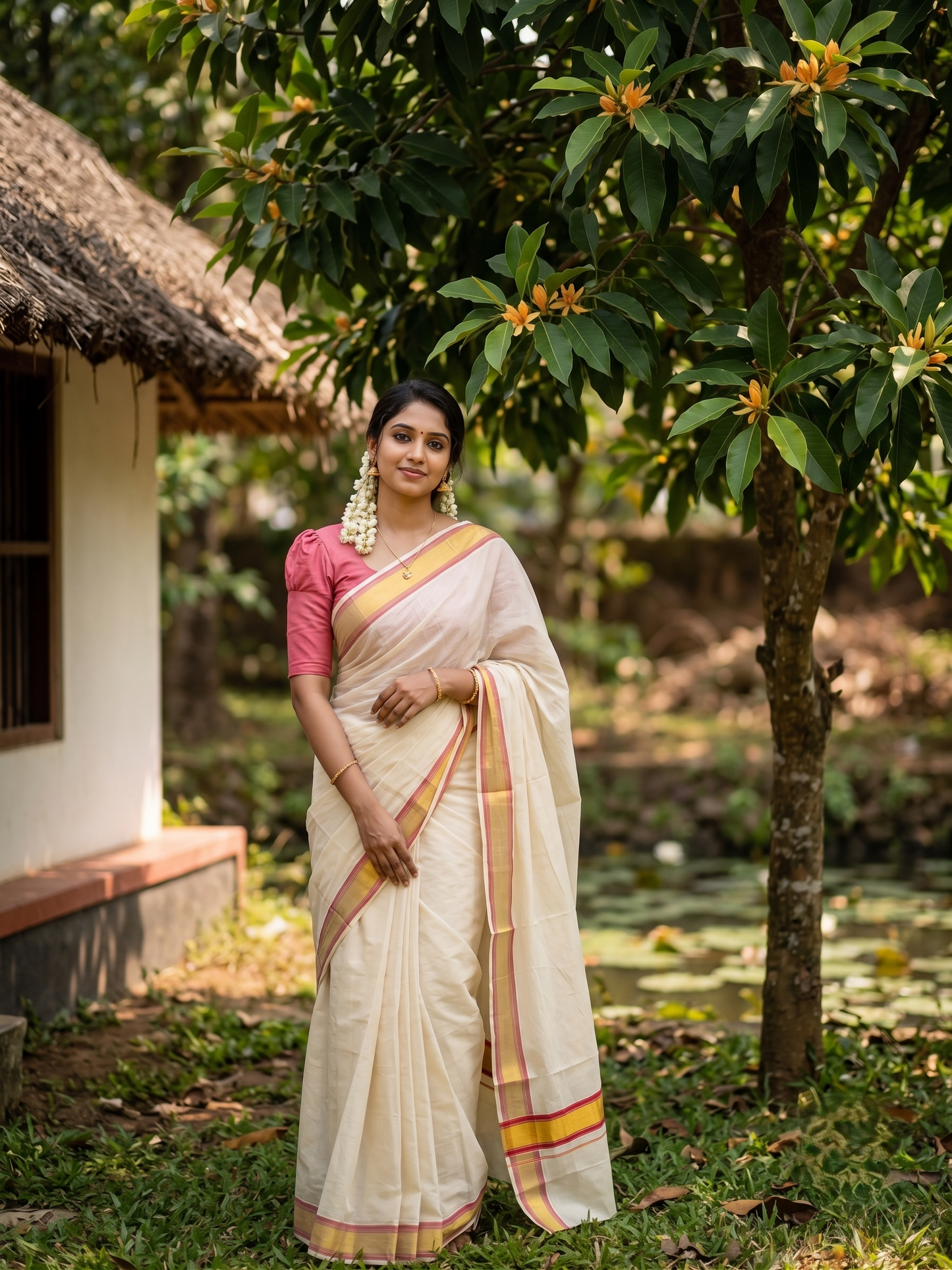 Southloom Kerala Cotton Kasavu Saree with Pink Border