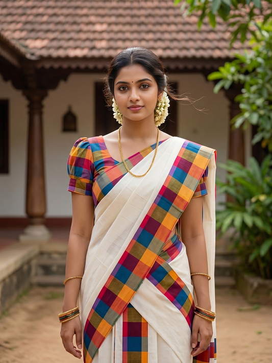 Southloom Kerala Pure Cotton Madras Check Design Single Set Mundu (Mundum Neriyathum) 2.80 Mtrs SL556