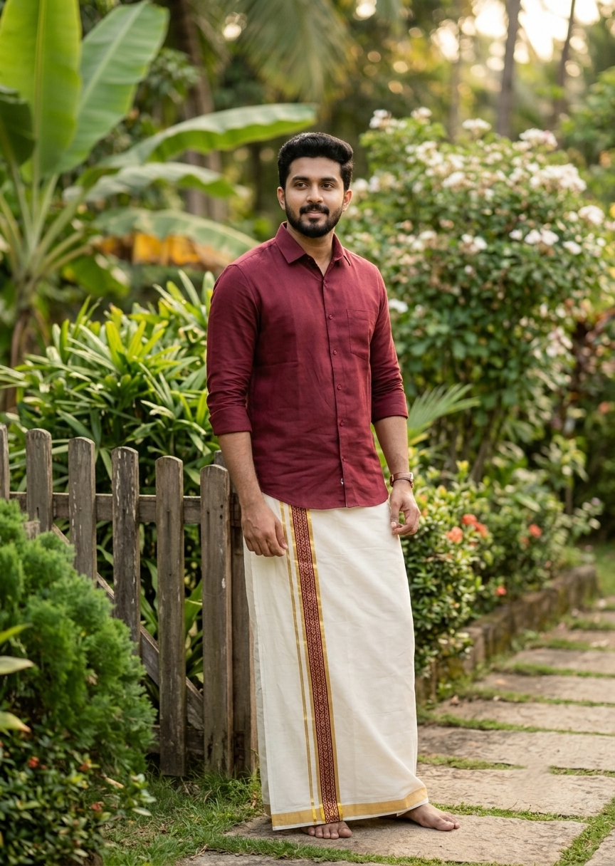 Southloom Pure Cotton Double Mundu with Maroon Block Printed And Ksavu Border (South Indian Kerala Dhoti)SL597