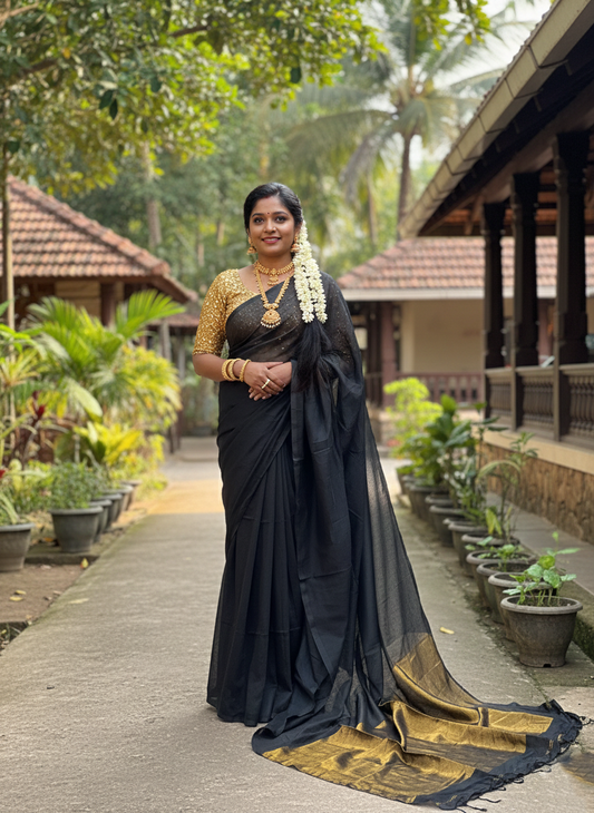 Southloom Mul Cotton 120 x 120 Soft Fabric Saree in Black Colour
