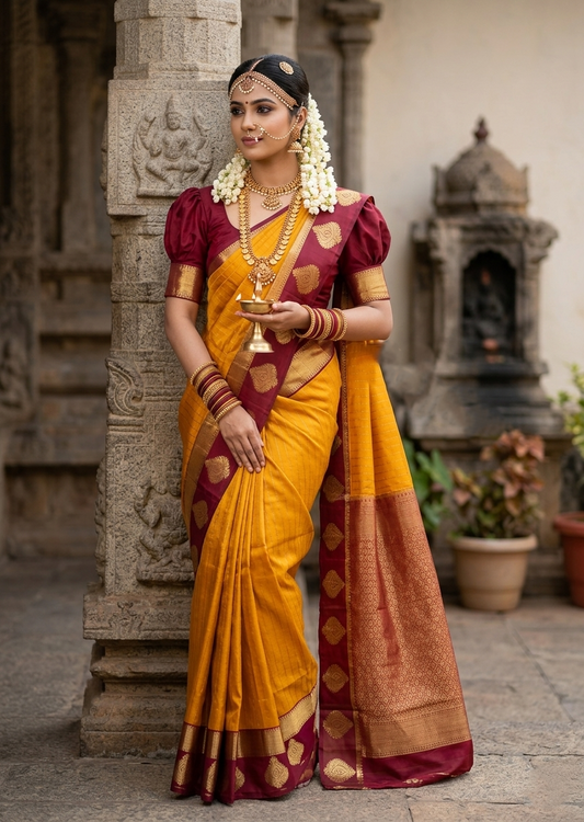 Southloom Pure Handloom Bridal Kanchipuram Silk Saree with Korvai Work (Yellow & Maroon)
