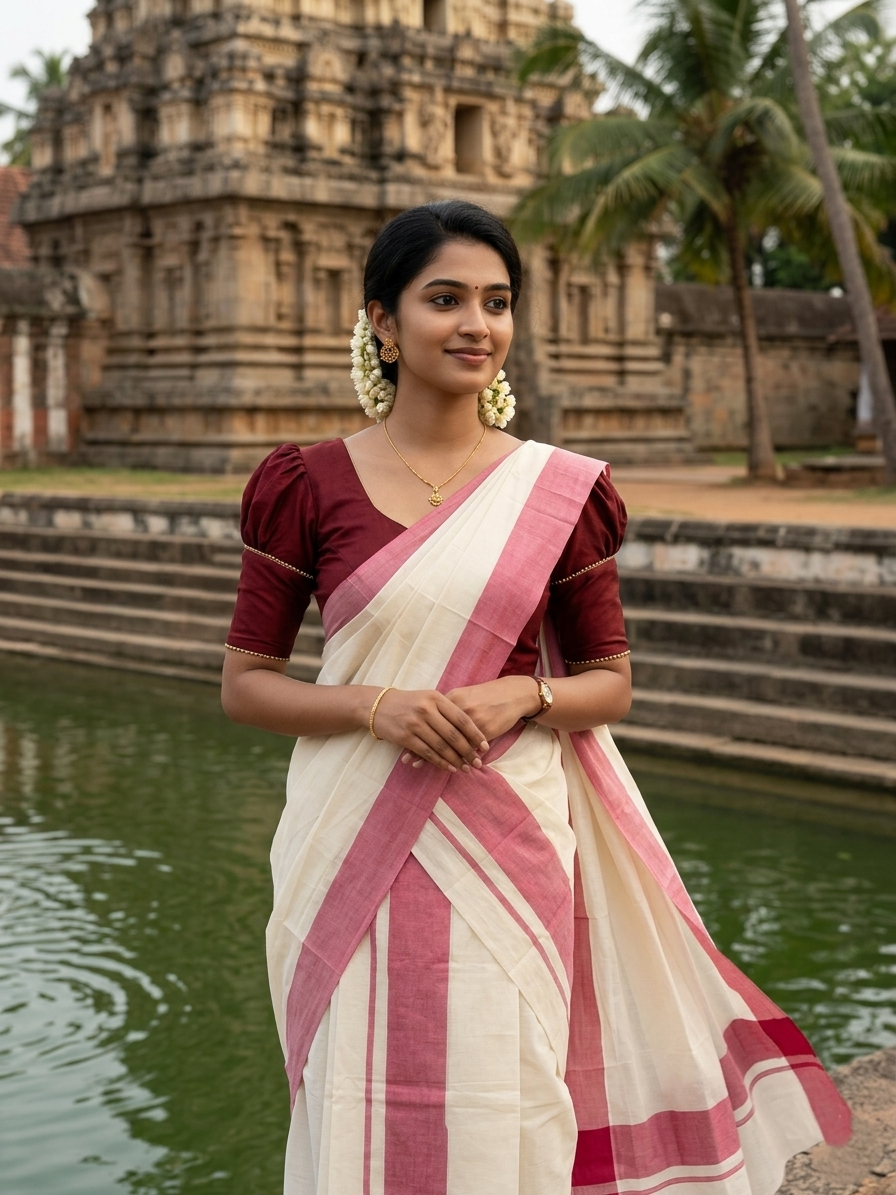 Southloom Pure Cotton Kerala Single Mulloth Set Mundu (Mundum Neriyathum) Maroon Border in 2.80 mtrs SL243