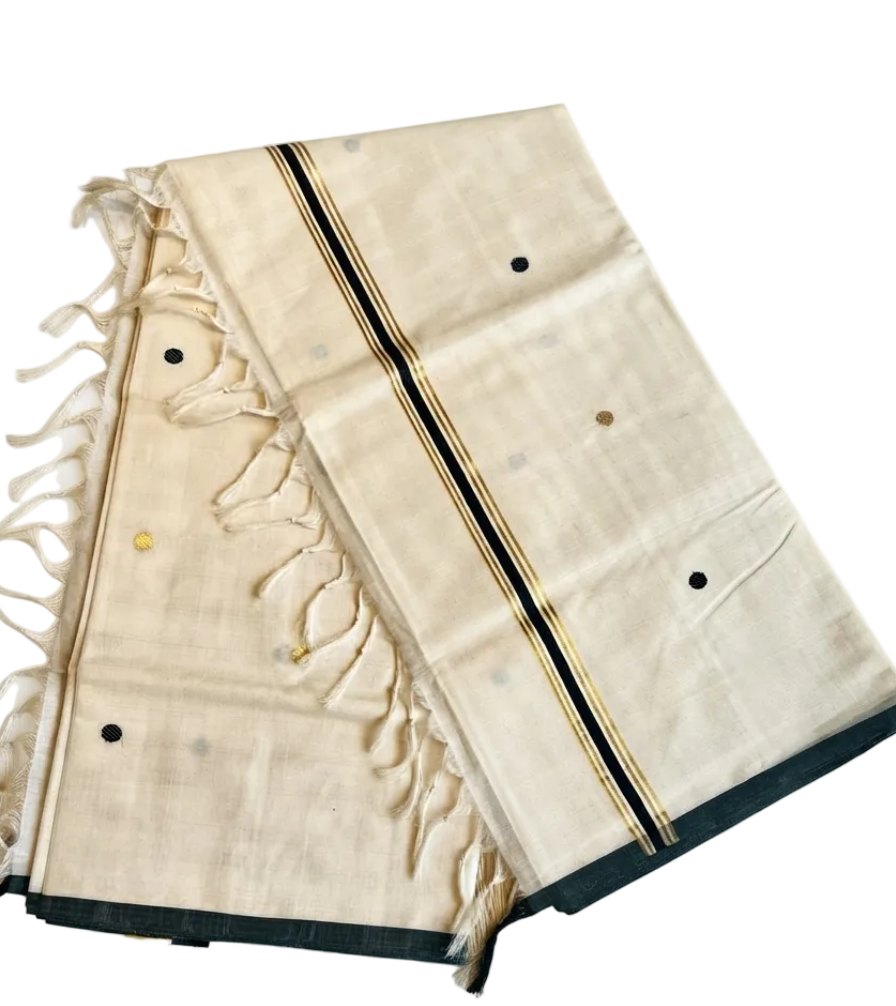 Southloom Kerala Cotton Handloom Saree With Green And Gold Polka Dot On The Body SL629