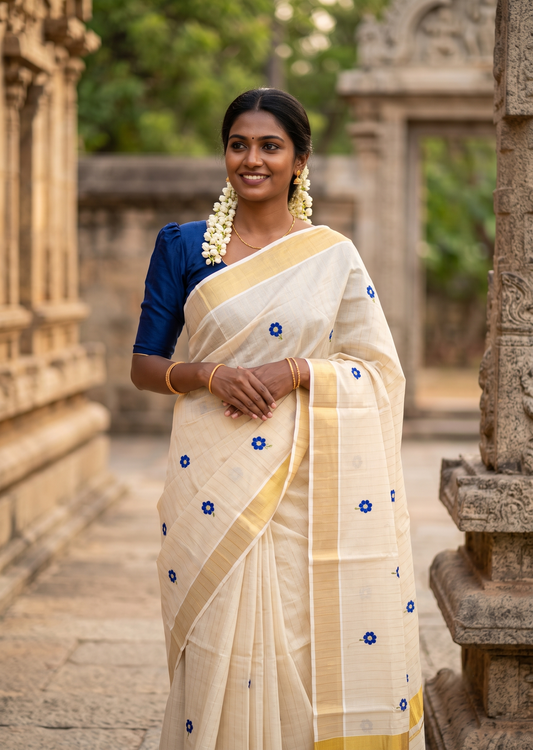 Southloom Kerala Tissue Blue Floral Embroidery Design on the Body With Gold Kasavu