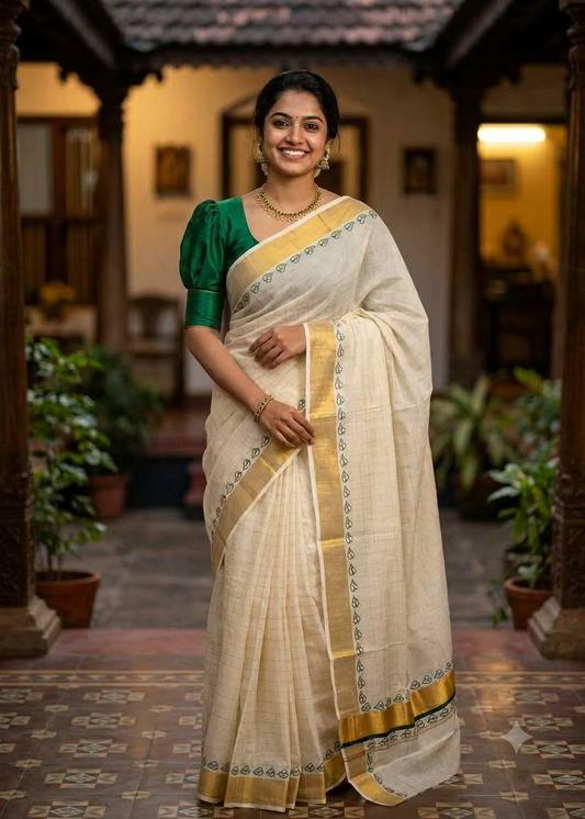 Southloom Kerala Cotton Kasavu Saree With Check Design On Body And Green Printed Design On Borders