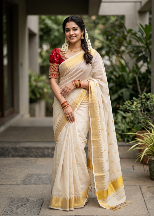 Southloom Super Premium Balaramapuram Handloom Tissue Saree with Temple Design and Gold Kasavu Border
