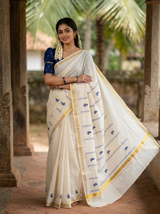 Southloom Kerala Cotton Kasavu Saree with Peacock Embroidery Works Across Body Blue