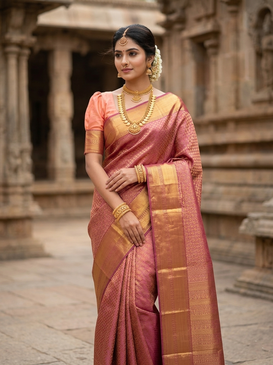Southloom Premium Semi Silk Zari Work Brocade Saree in Bridal Pink with Matching Pallu