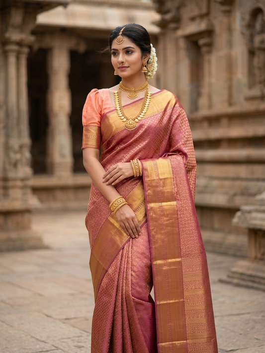 Southloom Premium Semi Silk Zari Work Brocade Saree in Bridal Pink with Matching Pallu