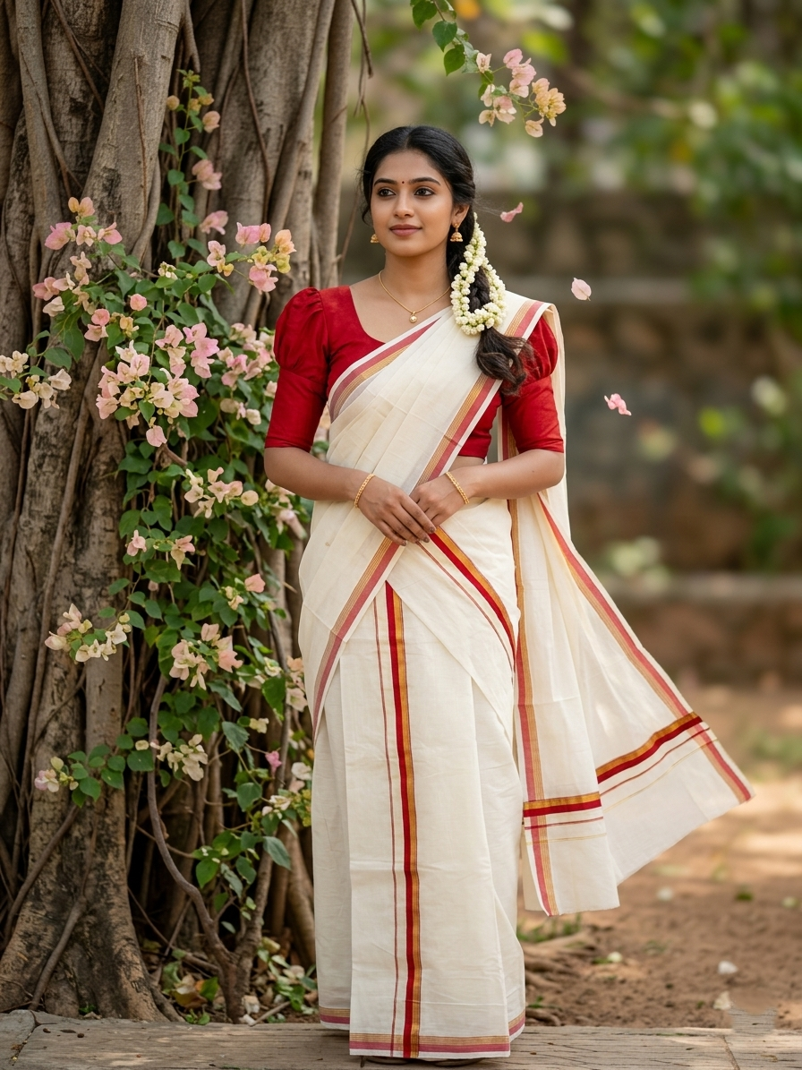 Pure Cotton Kerala Single Set Mundu (Mundum Neriyathum) with Red Kasavu Border in 2.80 Mtrs