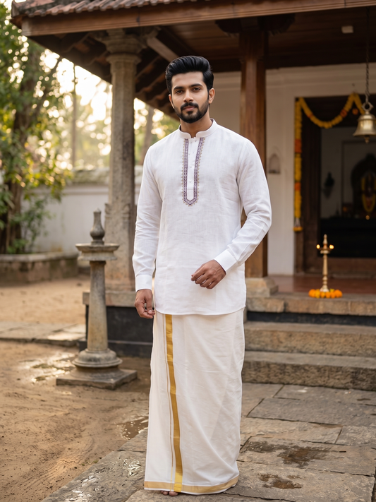 Southloom Of-White Embroidery Semi Silk Short Kurta for Men SL590