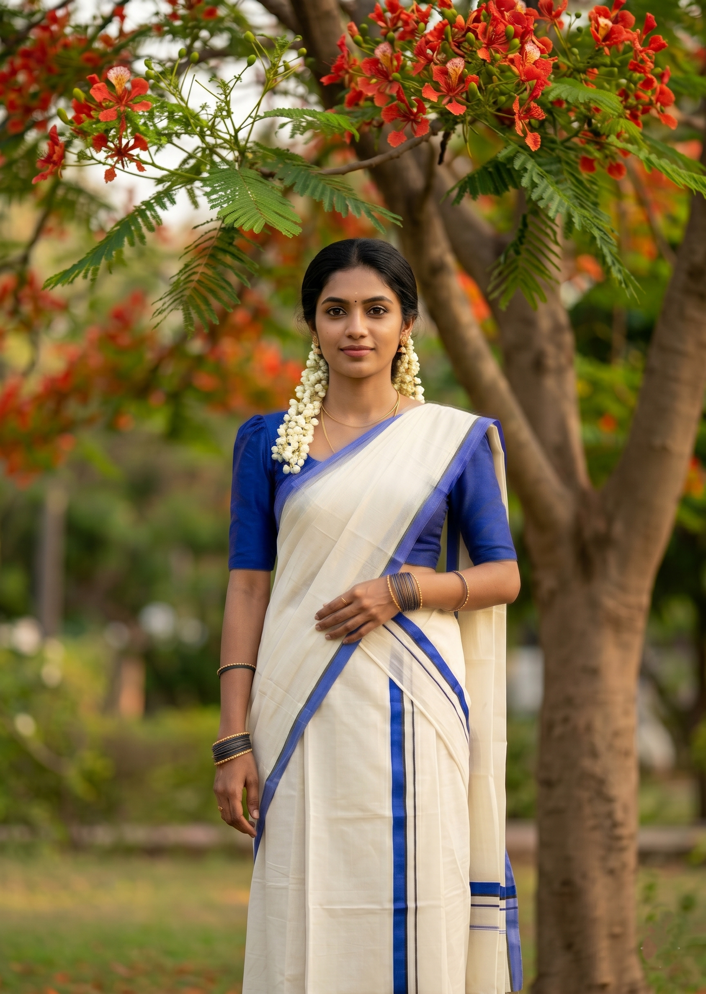 Southloom Pure Cotton Kerala Single Set Mundu (Mundum Neriyathum) Blue Border 2.80 Mtr SL345