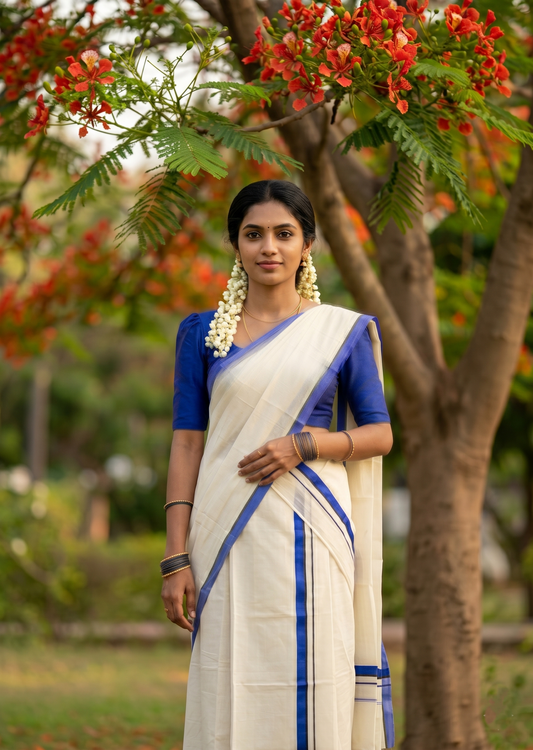 Southloom Pure Cotton Kerala Single Set Mundu (Mundum Neriyathum) Blue Border 2.80 Mtr SL345