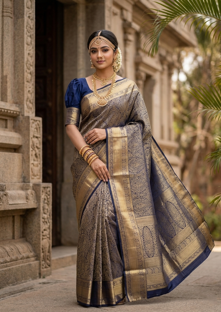 Southloom Pure Handloom Bridal Kanchipuram Silk Saree with Korvai Work (Blue)