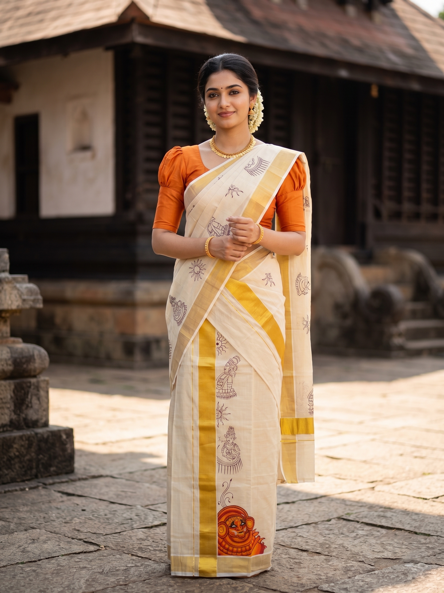 Southloom Kerala Tissue  Set Mundu (Mundum Neriyathum) with Theyyam Printed Design SL494