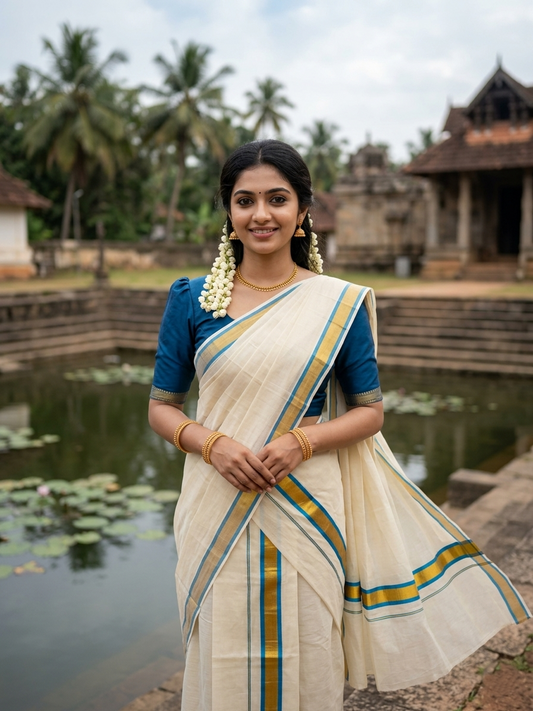 Kerala Cotton Set Mundu (Mundum Neriyathum) with Kasavu and Blue Border 2.80 Mtrs SL244