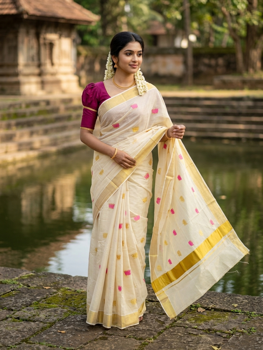 Southloom Kerala Tissue Plain Kasavu Saree with Pink And Gold Lotus Embroidery Works