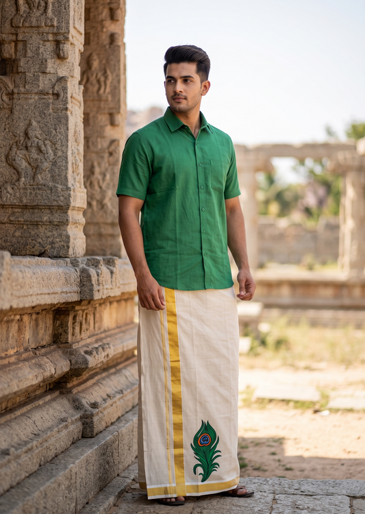 Southloom Kerala Tissue Mural Digital Printed Double Mundu (South Indian Kerala Dhoti) SL567