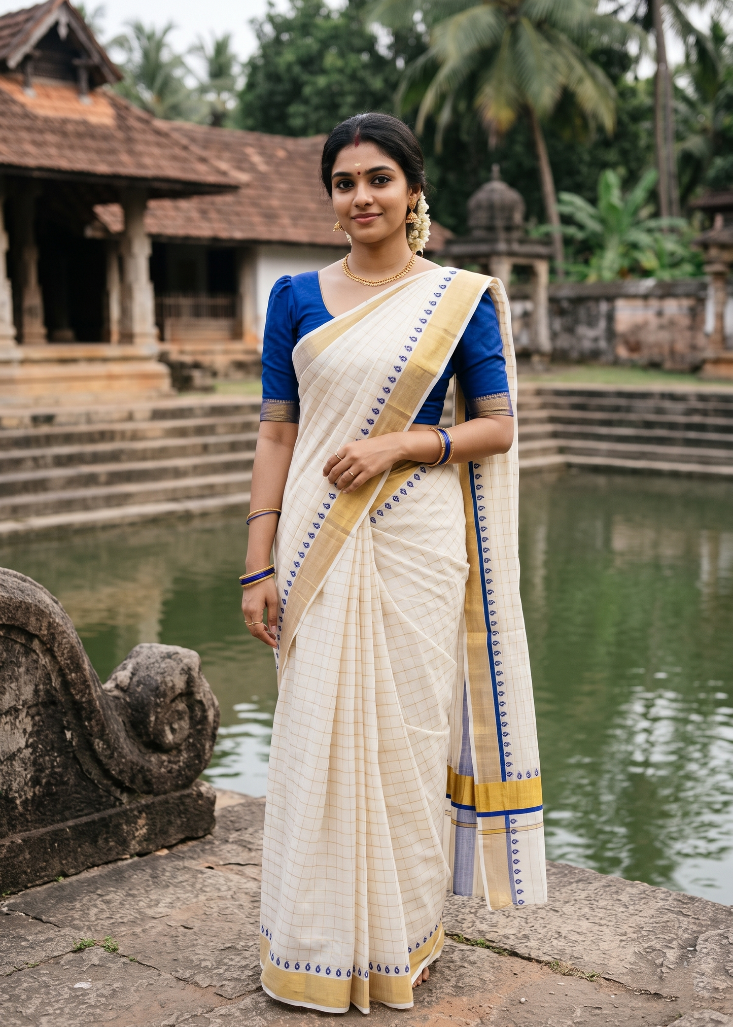 Southloom Kerala Cotton Kasavu Saree With Check Design On Body And Blue Prints On Borders