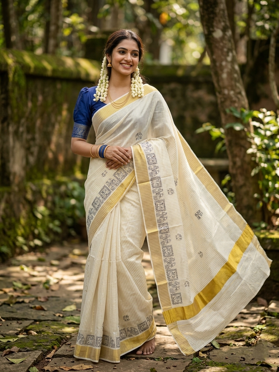 Kerala Cotton  Kasavu Saree With Mural Festival Parasol Stripes and Blue Elephant Design And Embroidery Work
