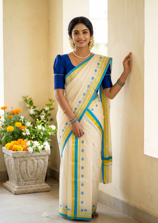 Southloom Pure Cotton Kerala Single Mulloth Set Mundu With Lotus Digital Print in Blue (Mundum Neriyathum) in 2.75 Mtrs SL371
