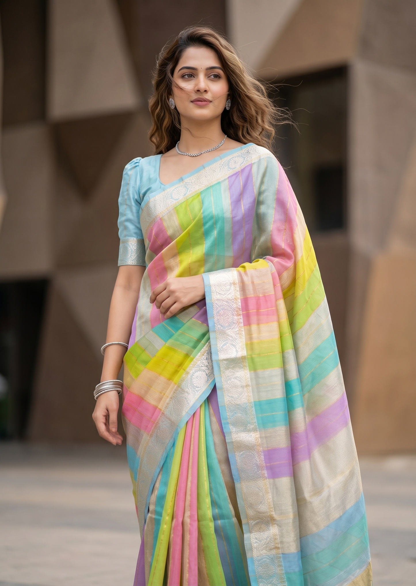 Southloom Tissue Organza Saree With Stripes Design in Multicolour SL353