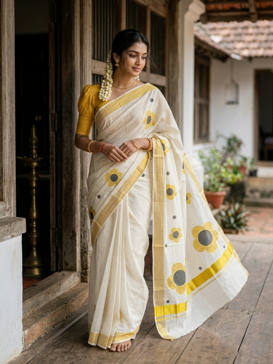 Southloom Exclusive Onam Kasavu Saree with High Quality Digital Yellow Floral Print Across Body (Matching Printed Blouse Included)