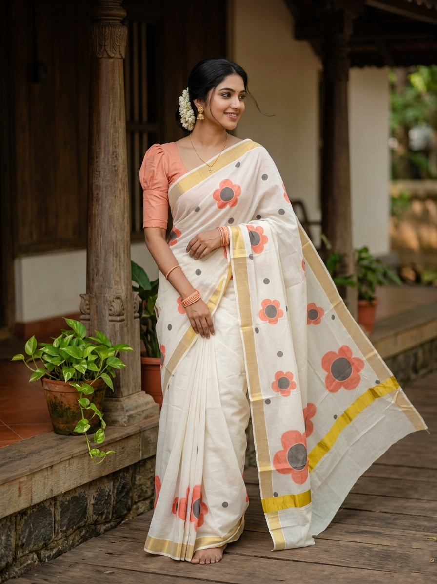 Southloom Exclusive Onam Kasavu Saree with High Quality Digital Red Floral Print Across Body (Matching Printed Blouse Included)