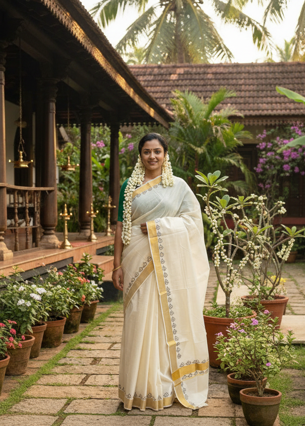 Kerala Cotton Saree with Green Print SL218