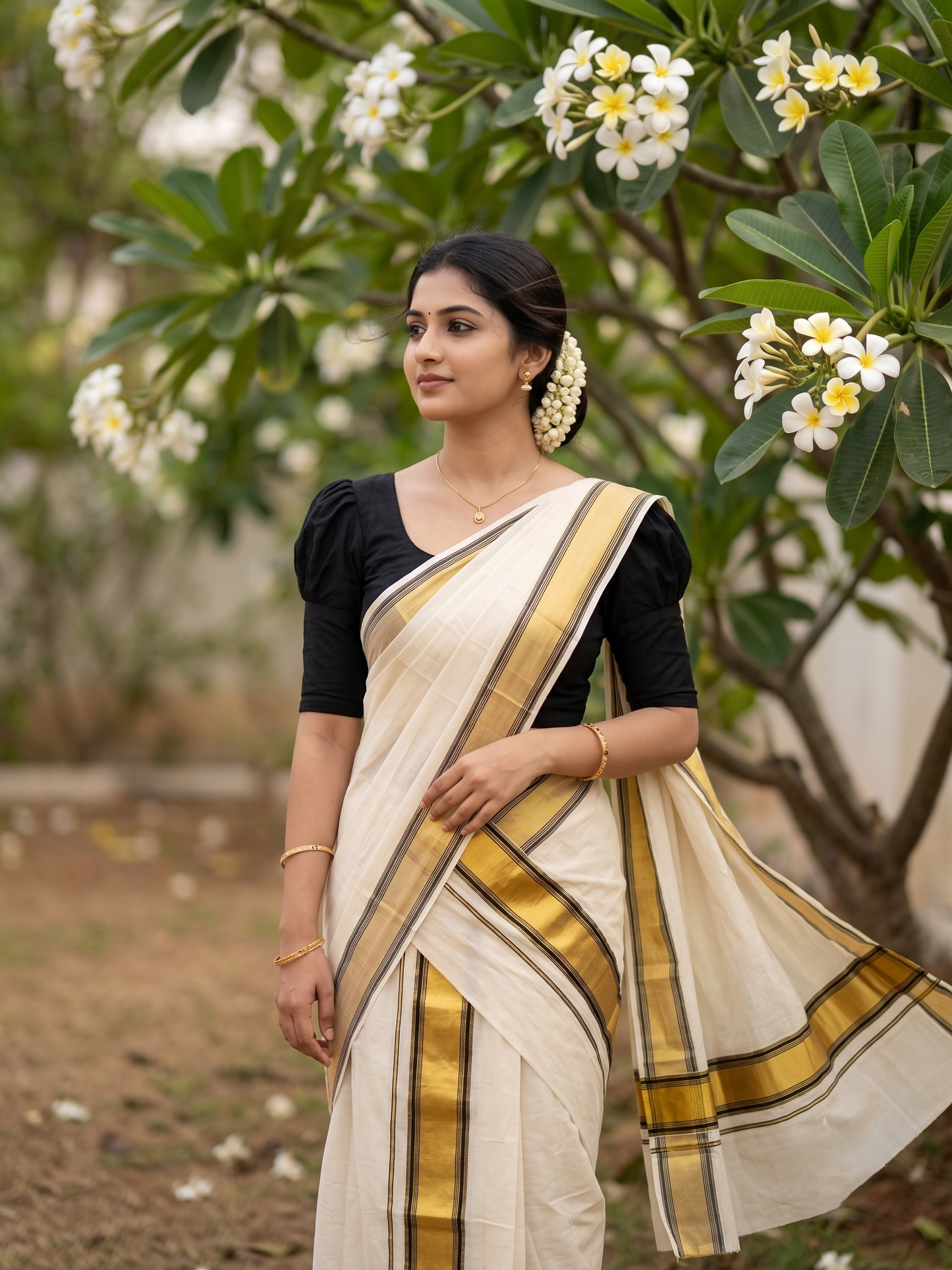 Southloom Pure Cotton Kerala  Set Mundu (Mundum Neriyathum) Single with Black and Kasavu Border 2.80 Mtrs SLKK