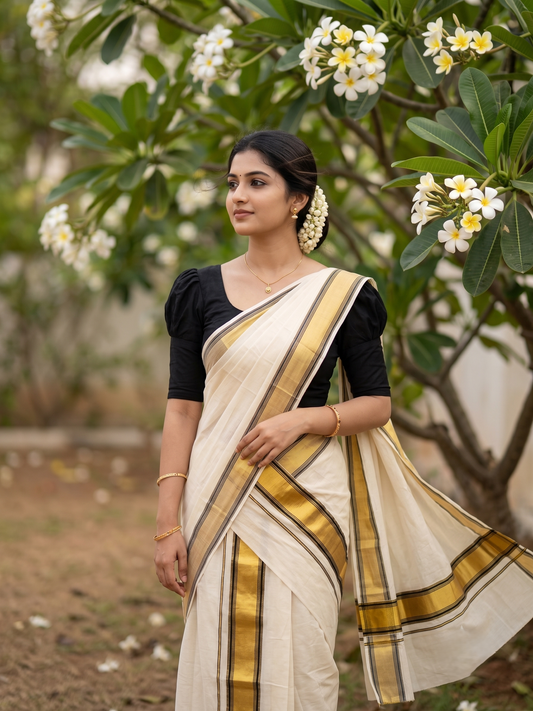 Southloom Pure Cotton Kerala  Set Mundu (Mundum Neriyathum) Single with Black and Kasavu Border 2.80 Mtrs SLKK