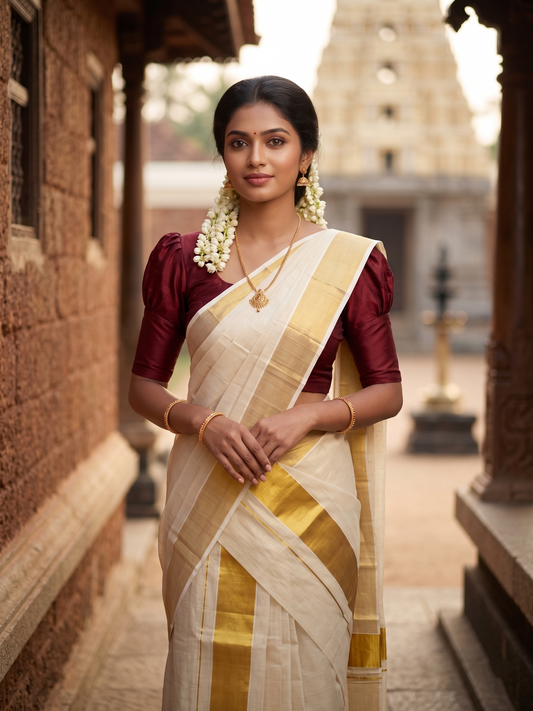 Southloom Tissue Set Mundu with Gold Kasavu Borders In 3 Inch 2.80 Mtrs SL377