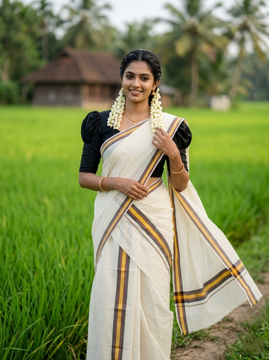 Southloom Pure Cotton Kerala Single Mulloth Set Mundu (Mundum Neriyathum) Black And Yellow Border in 2.80 mtrs SL243
