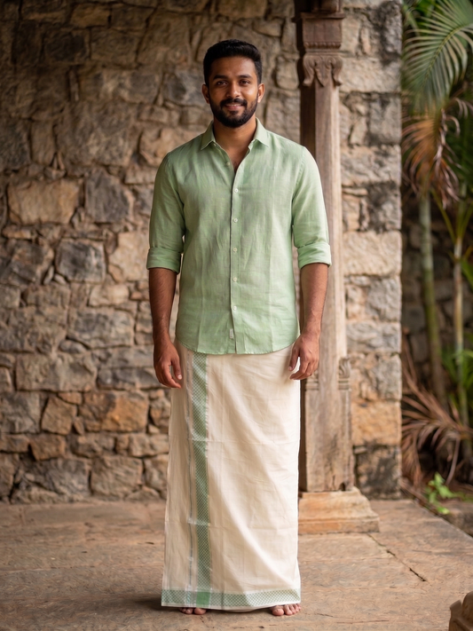 Southloom Kerala Pure Cotton Double Mundu with Silver Lines & Green Border (South Indian Dhoti)