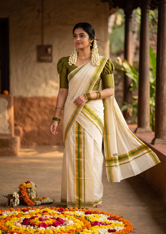 Southloom Kerala Cotton Mundum Neriyathum Single (Set Mundu) with Olive Green and Kasavu Border 2.80 Mtrs SLKK