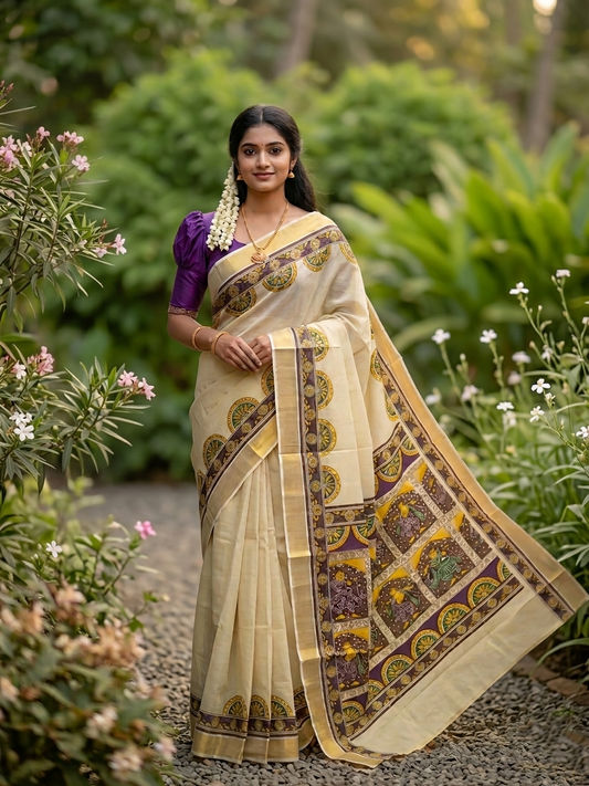 Southloom Kerala Tissue Kasavu Saree with Brown and Violet Hand Painted SL327