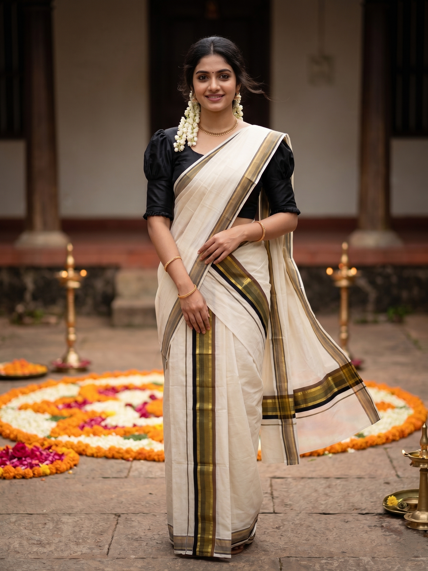 Southloom Kerala Cotton Kasavu Single Set Mundu (Mundum Neriyathum) with Black And Brown Kasavu Border SLKK