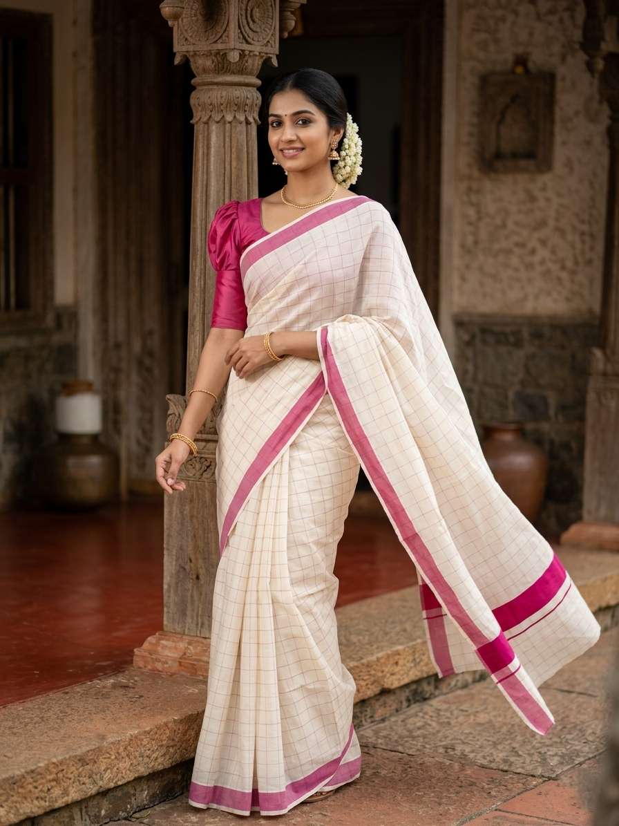 Pure Cotton Kerala Saree with Dark Pink Check Designs Across Body