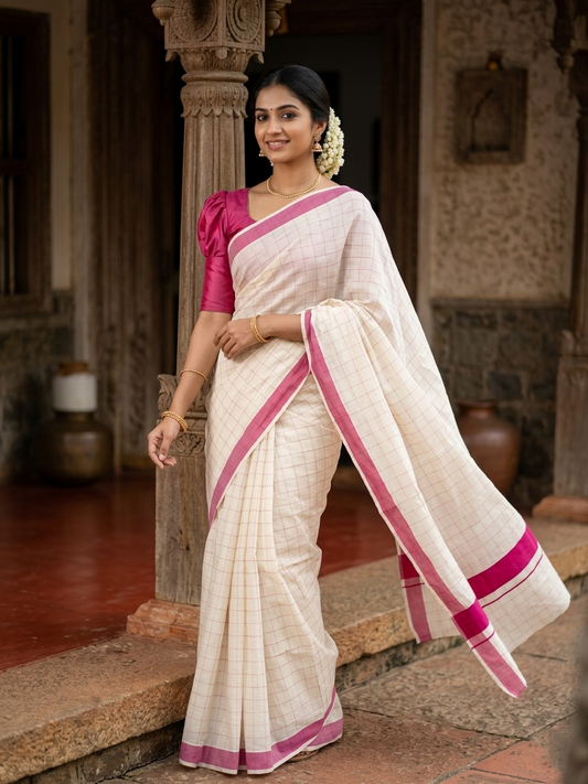 Pure Cotton Kerala Saree with Dark Pink Check Designs Across Body