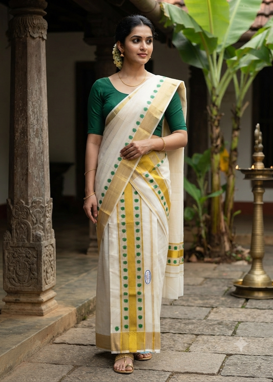 Kerala Cotton Green Colour Lotus Printed Set Mundu (2.80 mtrs) SL516