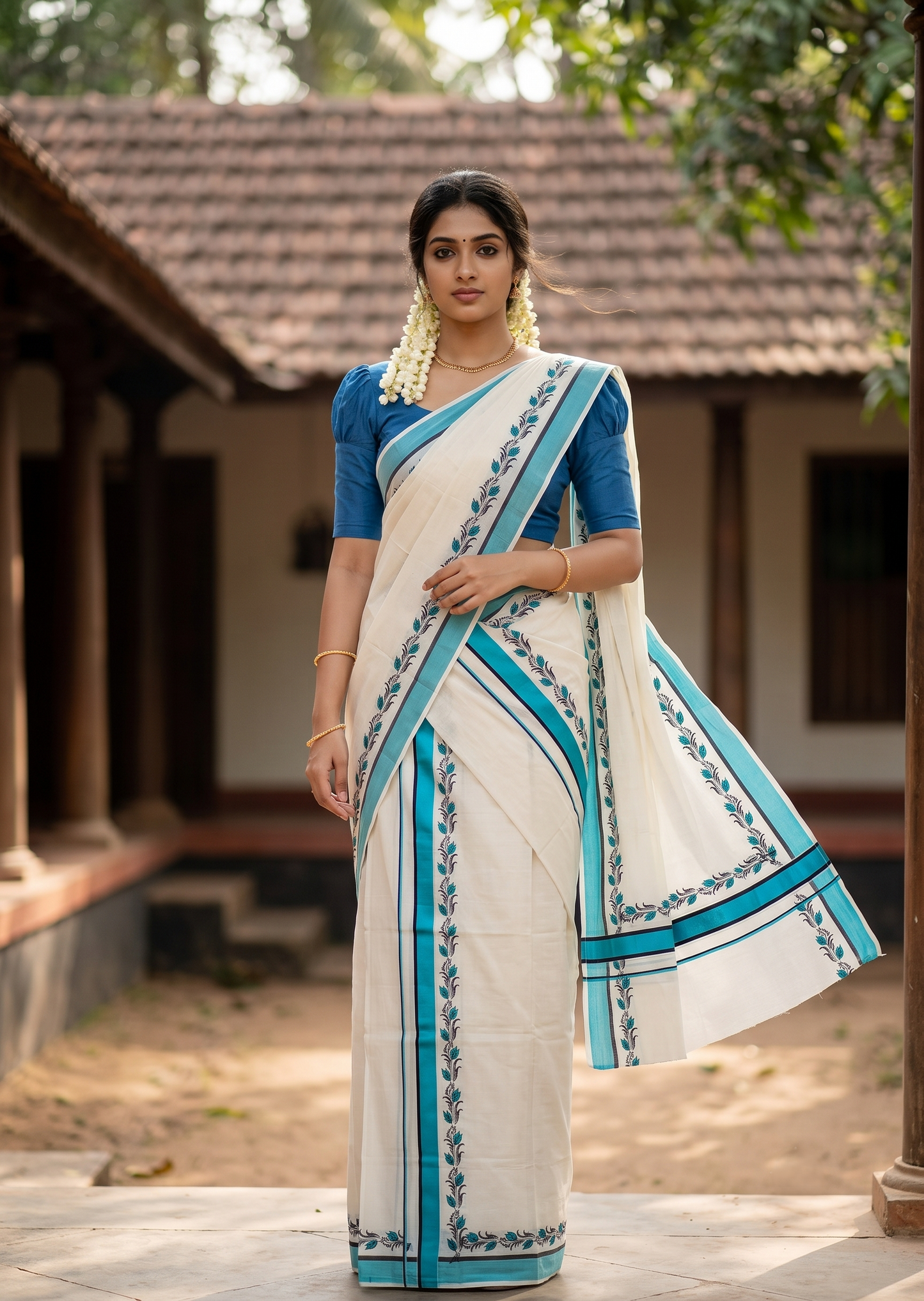 Southloom Pure Cotton Kerala Single Set Mundu (Mundum Neriyathum) with Digital Prints in Blue 2.75 Mtrs SL538