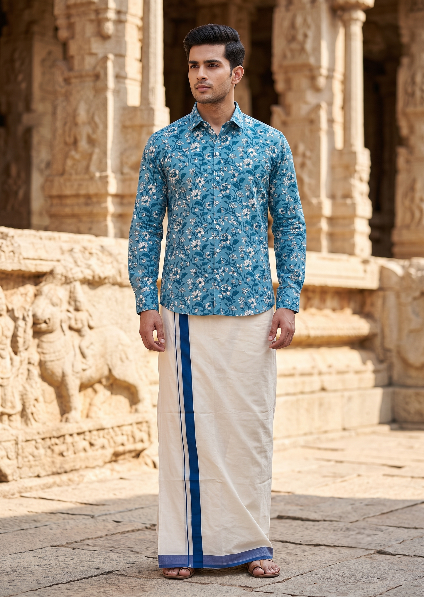 Southloom Cotton Jaipur Printed Men's Combo Full Sleeve (Shirt + Mundu) SLCOMBO SL564
