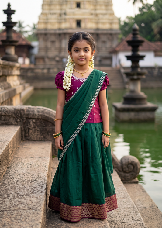 Southloom Georgette Kids Dhavani Set in Green and Maroon SLKDHAVANI