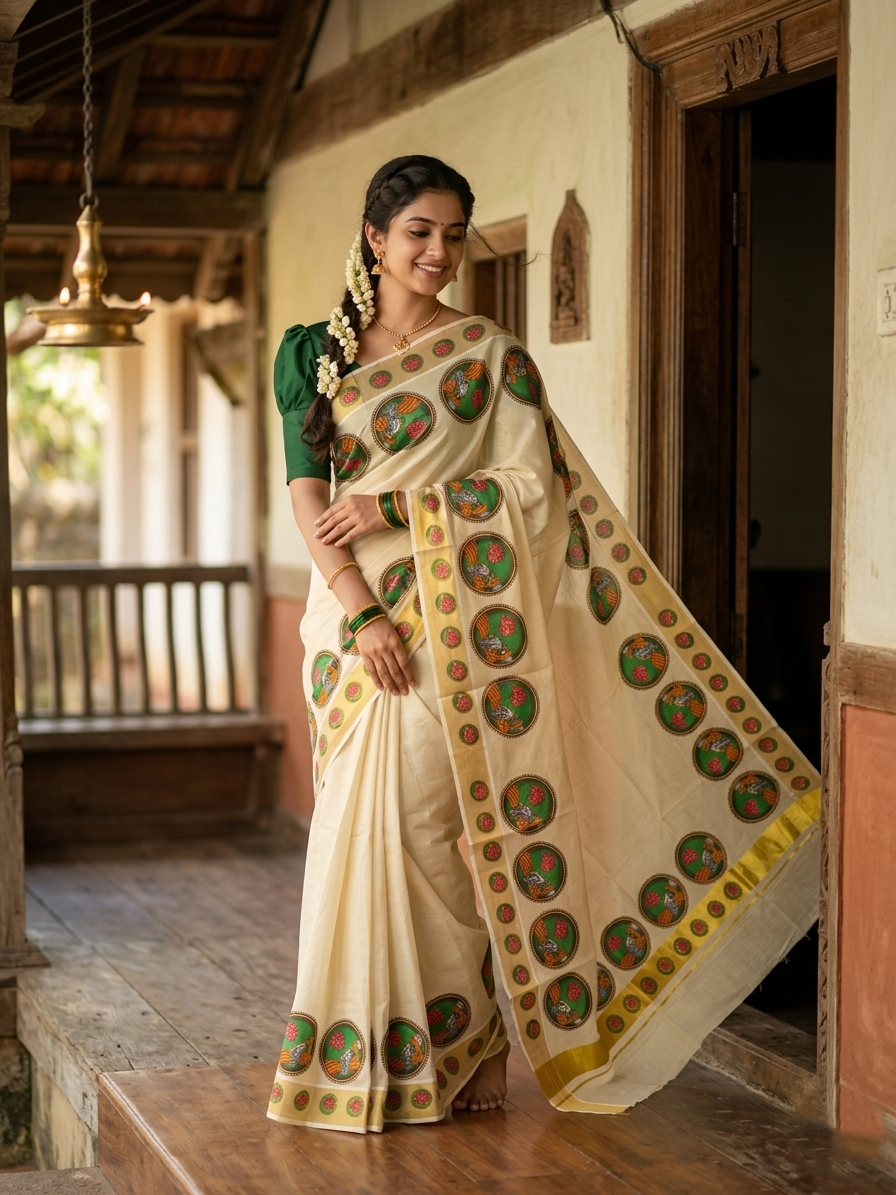 Southloom Kerala Tissue Kasavu Saree With Mural Printed