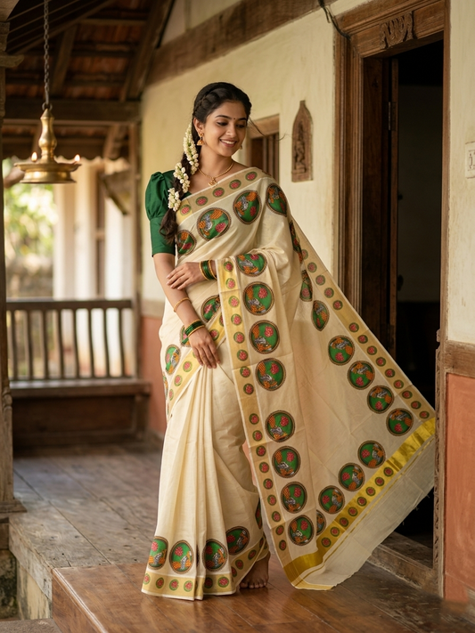 Southloom Kerala Tissue Kasavu Saree With Mural Printed
