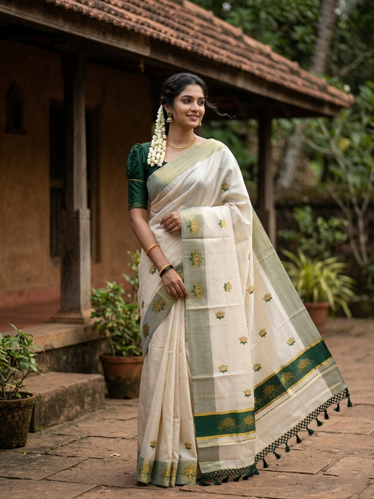 Southloom Kerala Tissue Kasavu Saree with Green And Golden Lotus Embroidary Designs on Body SL273