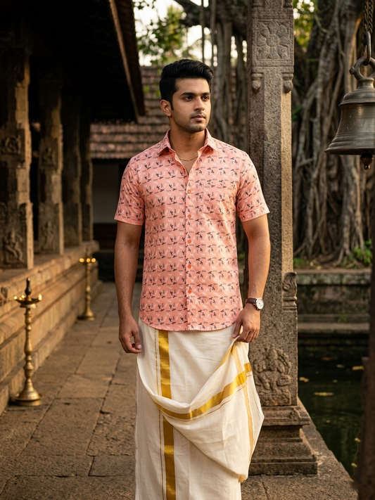 Pure Cotton Peach and Black Printed Shirt SLSHIRT 38 HS