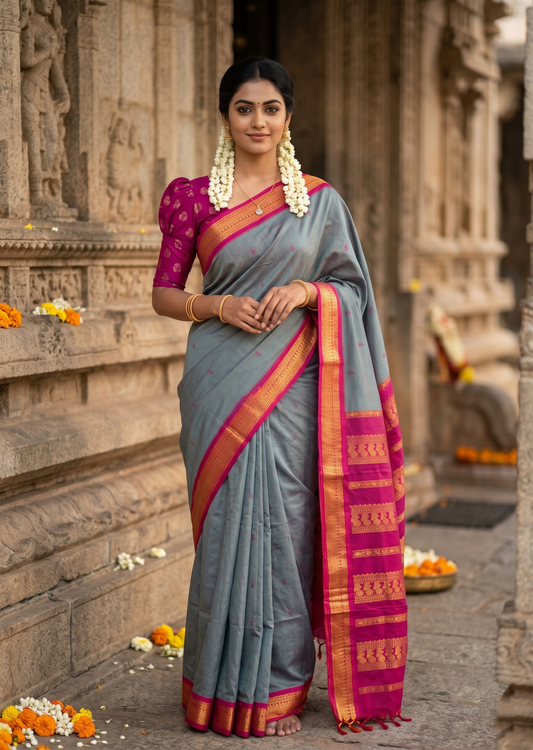 Southloom Kalyani Cotton Saree In Grey And Magenta With Woven Work on the Body and Borders